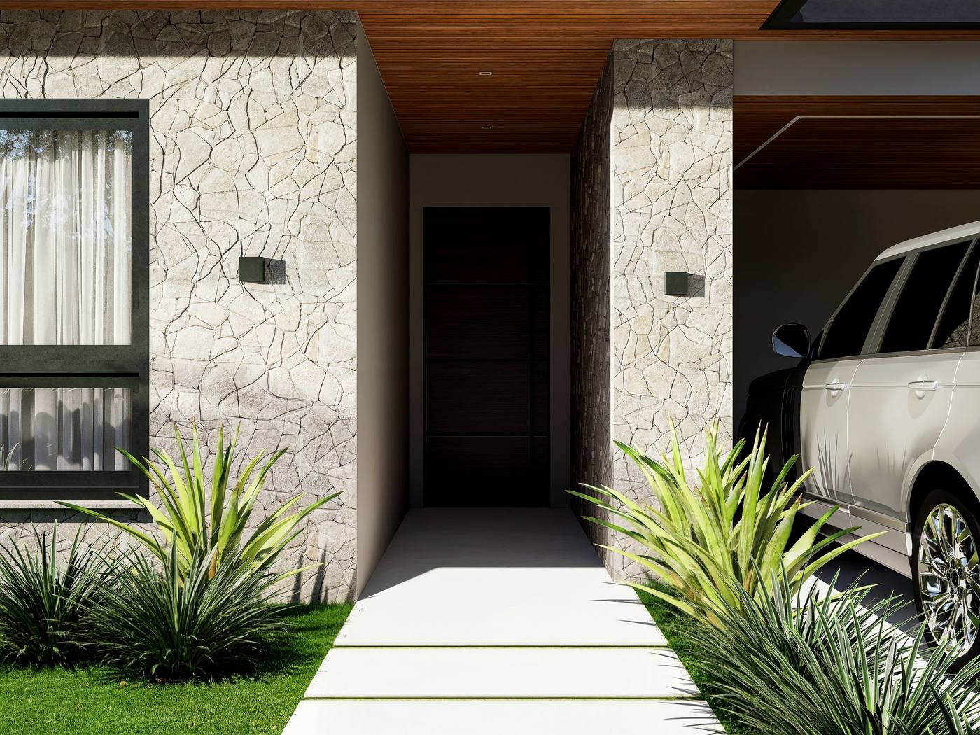 Carport mit Flachdach neben dem Eingang eines modernen Wohnhauses